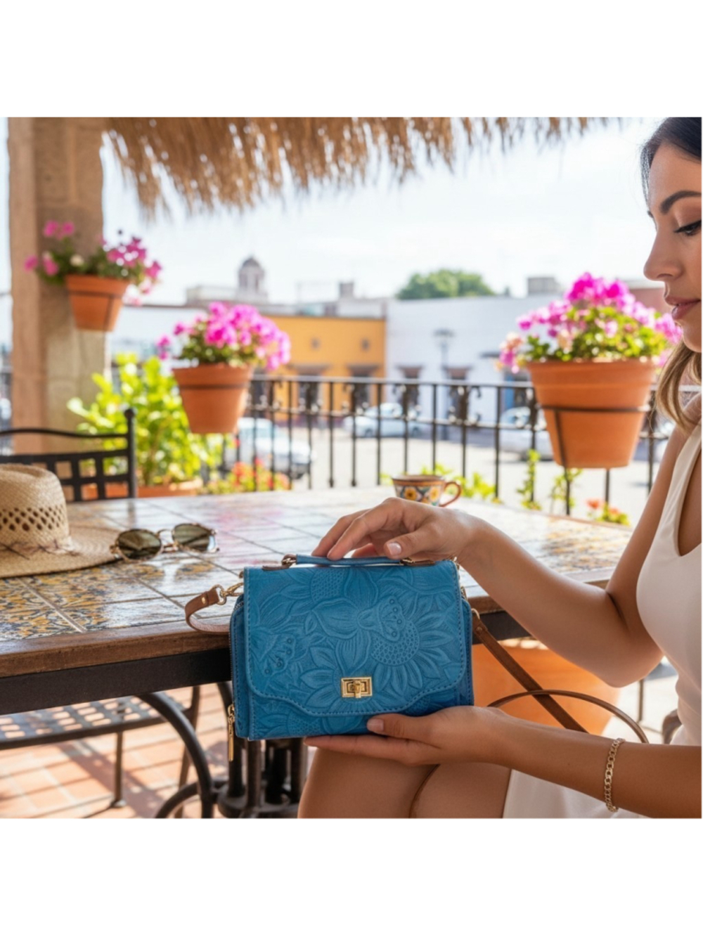Sky Denim Blue Sunflower Embossed Tooled Artisan LEATHER Crossbody Purse Wallet